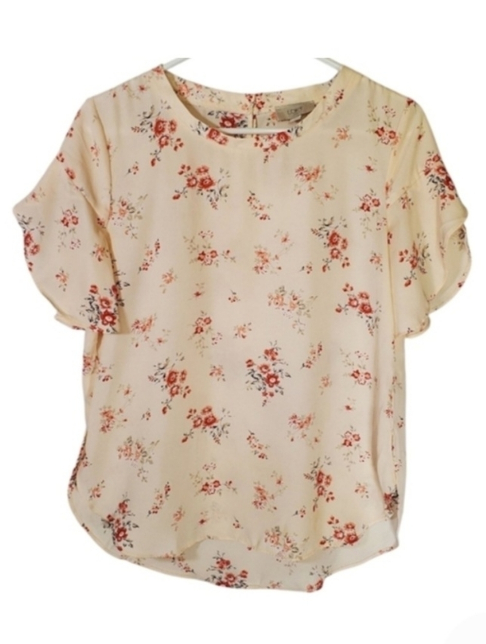 2253 * Ann Taylor Floral Split Ruffle Sleeve Blouse Peach Red Size XS